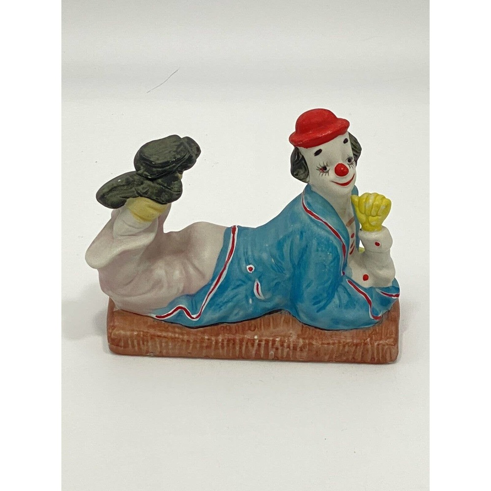 Smiling Happy Circus Clown w/ Red Hat Laying on Stomach Figurine Statue